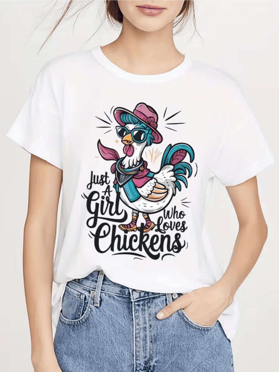 Gallina con lentes de sol y sombrero transmite alegría confianza y amor por los animales wearable casual moderno divertido camiseta de mujer para amantes del campo y estilo relajado - Blanco - Ver 1
