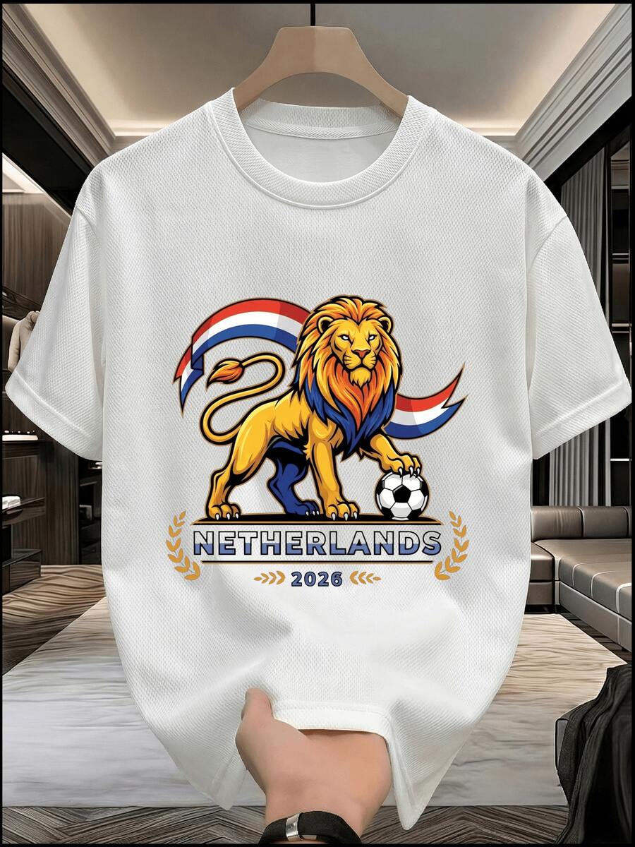 Camiseta de manga corta de malla transpirable para hombre, de color sólido con estampado de la Copa del Mundo, corte ajustado, estilo holgado, regalo de aniversario o cumpleaños. - Blanco - Ver 1
