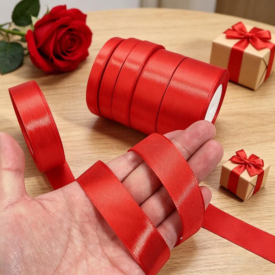 25 Yardas de cinta de satén de poliéster rojo festivo, textura suave mate de alta densidad, cinta decorativa hecha a mano DIY, lazo de embalaje de caja de regalo, lazo de envoltura de ramo de flores, decoración de fiesta de cumpleaños, cinta de satén versátil y larga - multicolor - Ver 1