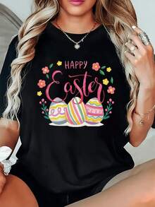 Colorful Eggs Surrounded By Cheerful Flowers And Green Leaves Convey The Positive Energy Of Celebration And The Arrival Of New Beginnings. Comfortable Casual Women's T-Shirt, Ideal For Holidays. - 黑色 - 查看 8