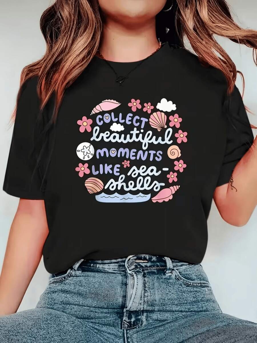 Conchas marinas y flores recuerdan la belleza de los momentos felices junto al mar inspirando paz y conexión con la naturaleza en una composición colorida y armoniosa camiseta de mujer casual cómoda y moderna - Negro - Ver 1