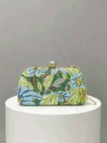 1pc Vintage Blue-Green Floral Beaded Evening Clutch Bag, Gold Frame Hard Case Chain Wallet (Random Cut) - Mint Green - View 6