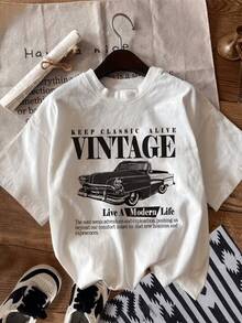 Classic Car Symbolizing Adventure, Elegance And The Free Spirit That Drives Exploration And Discovery On Every Road; Comfortable Women's T-Shirt With Casual Vintage Urban Style For Everyday Wear - 白色 - 查看 1