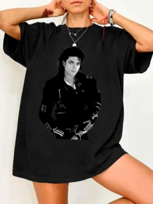 MichaelS JacksonS Bad Era Portrait-Inspired T-Shirt, Retro Casual Top From The Pop Legend - Black - View 1