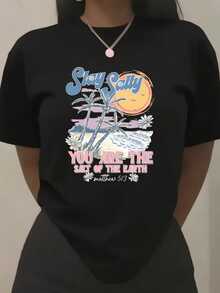 Sol brillante sobre el mar con palmeras que evocan calma y esperanza acompañadas de flores que simbolizan pureza y conexión espiritual con frases inspiradoras camiseta de mujer casual cómoda para verano - Negro - Ver 8