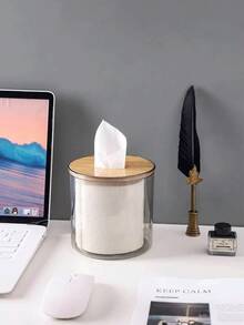 Round Transparent Plastic Tissue Box With Bamboo Lid - Minimalist Design, Suitable For Bathroom, Living Room, Kitchen Countertop, Desk And Shelf. Decorative Storage Container, Desktop Tissue Holder, Fashionable Accessory For Home And Bathroom - Multicolor - View 6