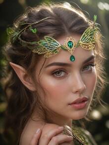 MESHUOKAI Halloween Elf Goddess Headpiece, Elegant Forest Style Green Gemstone Crown, Forest Elf Theme Party Accessory, Cosplay Headpiece - Multicolor - View 2