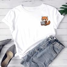 Camiseta estampada para mujer con gráfico de panda rojo de dibujos animados - camiseta casual de manga corta y cuello redondo, corte relajado para todas las estaciones, perfecta para el uso diario y vacaciones, combinada con shorts de mezclilla, lavable aáquina. - Blanco - Ver 7