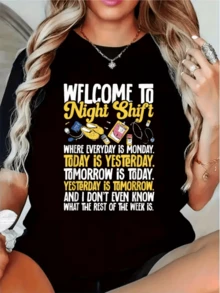 Humorous Message About The Night Shift Expressing The Funny Confusion Between Days, Showing Everyday Objects Like Coffee, Shoes, A Clock, A Jar, And A Flashlight. Women's Casual, Modern, Comfortable T-Shirt For Everyday Wear, Stylish And Original. - 黑色 - 查看 8