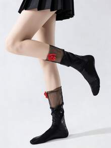 1 par de calcetines de media caña brillantes de unicolor con flores de encaje dulce en negro/blanco/amarillo/plateado, para primavera/verano - Multicolor - Ver 11