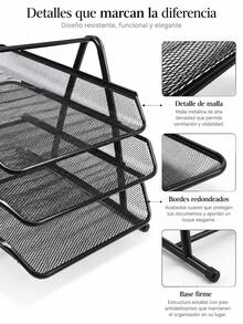 Organizador de escritorio de metal de malla de 3 niveles, soporte para archivos, bandeja para cartas, soporte para papel A4, organizador de escritorio de oficina. - Estante para archivos de tres niveles - Ver 9
