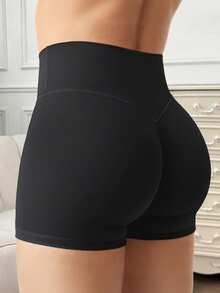 Women's Solid Color High Waist Elastic Fitted Sports Shorts Vacation - Black - View 3
