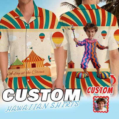 1 chiếc áo sơ mi nam kiểu Hawaii có thể tùy chỉnh, áo sơ mi cổ Brazil cài nút, áo sơ mi ngắn tay in hình mặt cười cá nhân hóa, quà tặng ảnh cá nhân hóa cho bạn trai, chồng, gia đình, bạn bè.