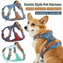 防拉扯防逃脱犬用胸背带，适用于体重5-60磅的小型和中型犬 | 易于穿戴的透气网眼内衬和耐用牛仔布外层 | 舒适安全的背心式设计，适合散步、训练和户外探险 - 彩色 - 查看 1