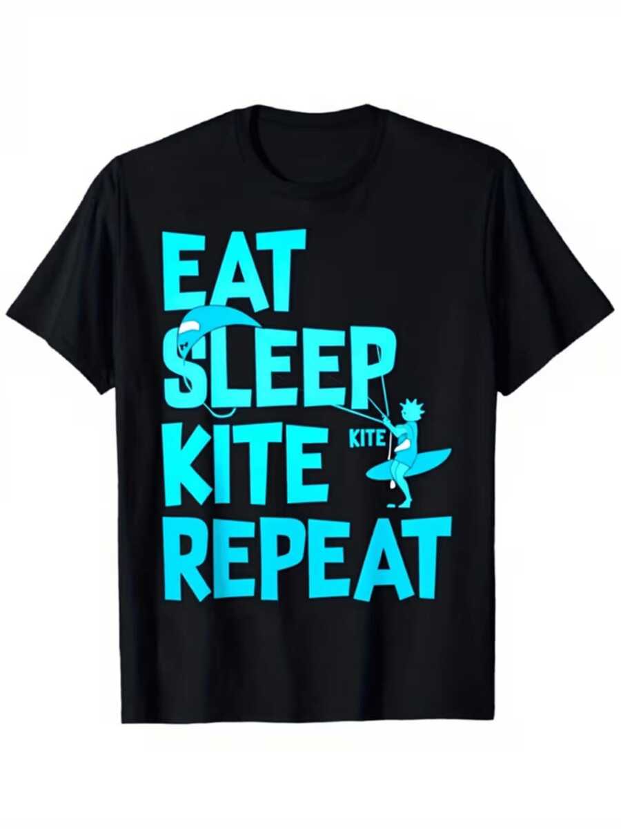 Texto en letras grandes azules que inspira una rutina divertida donde comer dormir practicar kitesurf y repetir representan un estilo de vida activo relajado y apasionado por el mar camiseta de mujer casual cómoda para amantes del deporte acuático - Negro - Ver 1