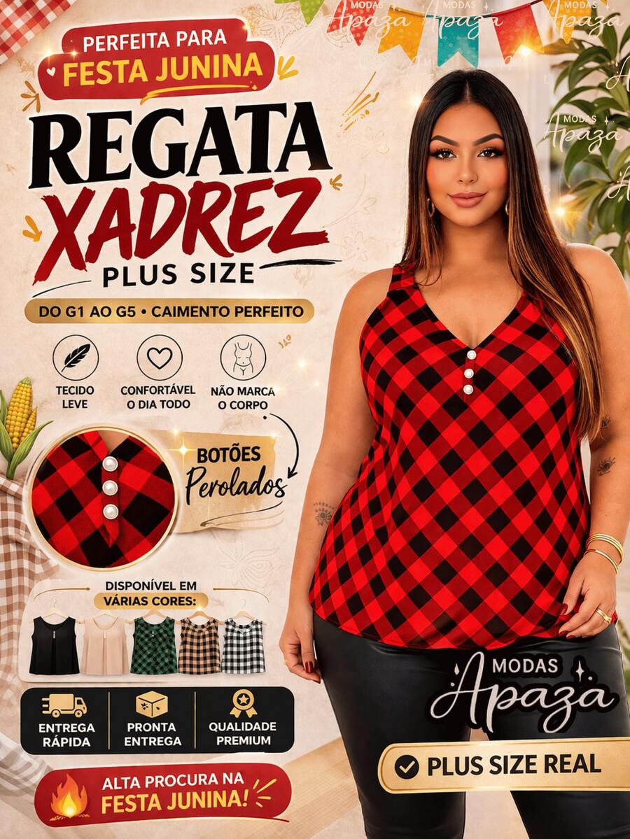 Women's Plus Size Tank Top Duna With Pearl Buttons, Sizes GG G1 To G3 - Red & Black - View 1