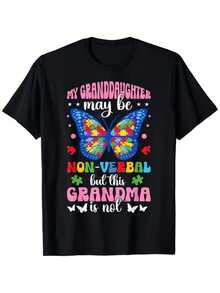 Mariposa colorida formada por piezas de rompecabezas que simbolizan comprensión empatía y amor para apoyar a la nieta en su singular modo de comunicación camiseta de mujer cómoda casual estampado positivo - Negro - Ver 1
