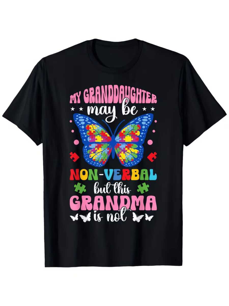Mariposa colorida formada por piezas de rompecabezas que simbolizan comprensión empatía y amor para apoyar a la nieta en su singular modo de comunicación camiseta de mujer cómoda casual estampado positivo - Negro - Ver 1