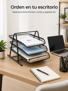 Organizador de escritorio de metal de malla de 3 niveles, soporte para archivos, bandeja para cartas, soporte para papel A4, organizador de escritorio de oficina. - Estante para archivos de tres niveles - Ver 7