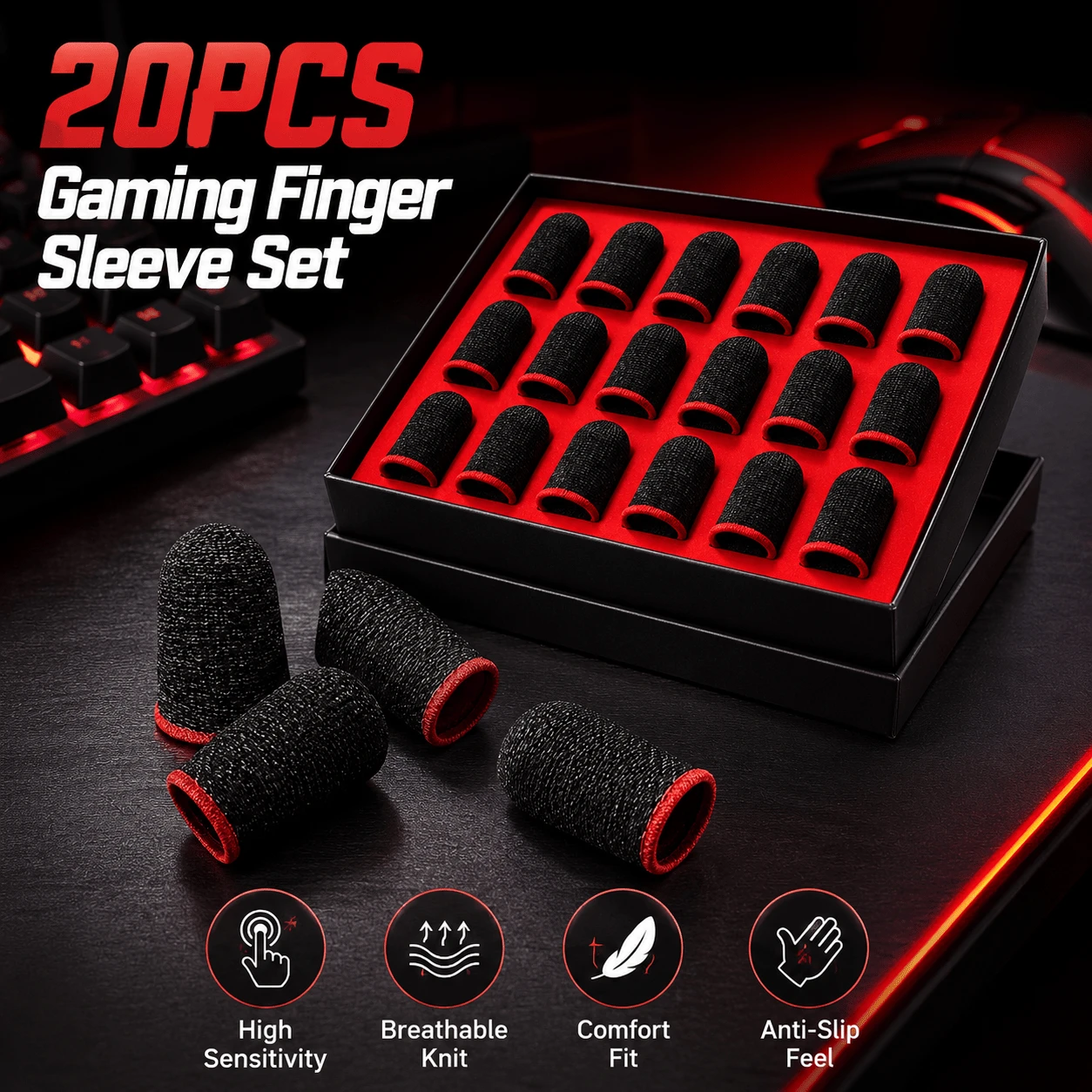 20PCS Gaming Finger Sleeve Set, Breathable Conductive Knit Thumb Covers For Mobile Phone & Tablet Touchscreen Gaming - 20-pack - View 1