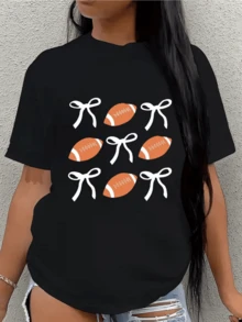 American Footballs Alternating With White Ribbons Reflect Strength And Femininity In Balance, Celebrating Sporting Passion With A Delicate Touch. Modern Casual Women's T-Shirt - 黑色 - 查看 1