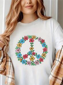 Símbolo de paz formado por flores multicolor que representan la armonía la esperanza y la unión de todos los seres vivos con energía positiva camiseta de mujer casual moderna y cómoda - Blanco - Ver 1