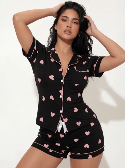 Snug League Women's Heart Print Bubble Crinkle Short Sleeve Shorts Pajama Set