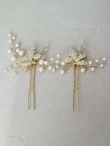 1pc Alloy Rhinestone Flower Leaf Crystal Faux Pearl Decorated Elegant Hair Stick, Suitable For Bride Wedding, Daily Vacation, Party Holiday And Other Occasions - Gold - View 3