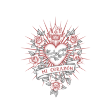 Sacred Heart Ex-Voto Tattoo Art Tee - Crimson & Charcoal Fine Line Design - Blanco - Ver 9