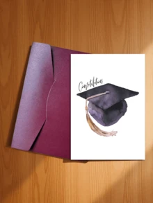 1/5 Set, Watercolor Purple & Black Graduation Cap Congratulation Card, Blank Inside Pages With Envelope For Graduates - A - View 23