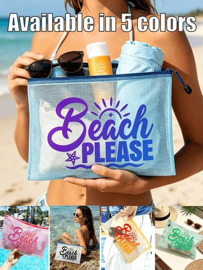 Bolsa de playa de malla de tela impermeable y de moda de colores, bolsa de maquillaje con estampado "Playa", tema de playa. Bolsa de cosméticos transparente de gran capacidad, bolsa de aseo con cremallera de nailon - ligera, para guardar protector solar, snacks, bikinis y artículos esenciales de playa. Almacenamiento para primavera y verano, duradera, muy adecuada para nadar
