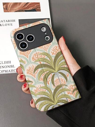1pc Summer Vacation Fan-Shaped Coconut Tree & Coral Pattern Full Coverage Classic Anti-Drop High-Quality Mulberry Silk Texture PU Leather Flip Phone Case, Can Be Used As Phone Stand For Watching Videos, Foldable, Card Slot, Full-Body Protective Phone Cover, Suitable As Birthday/Holiday Gift For Friends, Family, Couples, Yourself, Compatible With IPhone17/IPhone17 Air/IPhone17pro/IPhone17pro Max/IPhone16/IPhone16 Plus/IPhone16pro/IPhone16pro Max/IPhone15/IPhone15 Plus/IPhone15pro/13/14/12/11