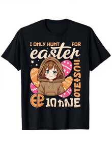 Joven con sudadera marrón rodeada de huevos coloridos y estrellas que simbolizan alegría y búsqueda durante Pascua camiseta de mujer casual cómoda y moderna para uso diario - Negro - Ver 8