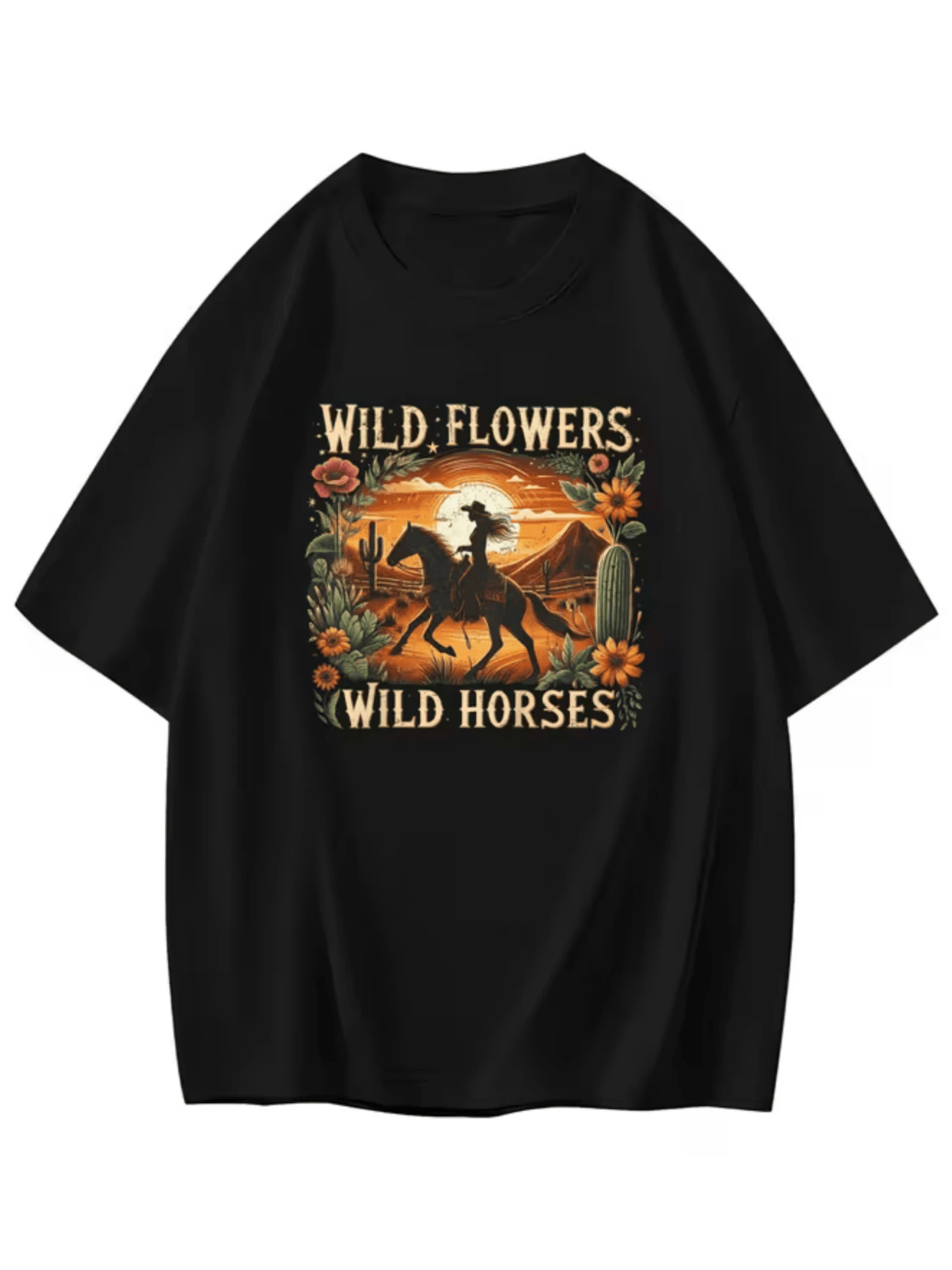 Atardecer del desierto con jinete sobre caballo rodeado de flores silvestres y montañas simbolizando libertad y conexión con la naturaleza camiseta de mujer casual cómoda y moderna para uso diario - Negro - Ver 1
