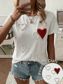 Hearts Embroidered With Pearls Representing Affection, Hope, And Love In A Balance Of Modern Tenderness; Elegant Casual White Women's T-Shirt For Summer - 白色 - 查看 8