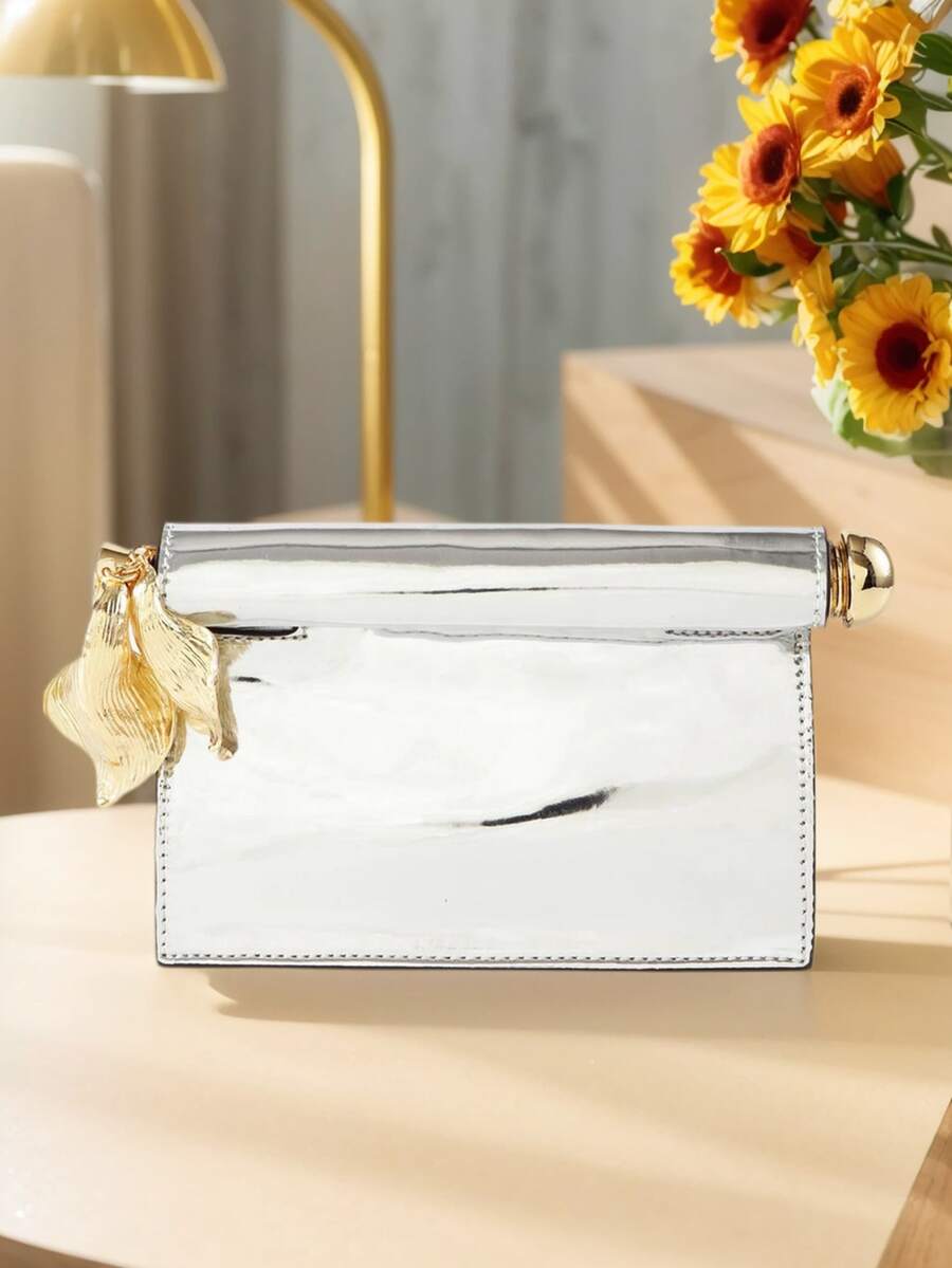 PU Leather Clutch Bag For Women Versatile Folding Evening Purse Metal Decoration Crossbody For Banquet Party - 銀色 - 查看 1