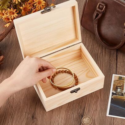 VingeGa Unpainted Wooden Treasure Box, DIY Jewelry Box, Unfinished Handmade Wooden Box, Unpainted Wooden Box Craft, Pine Wood Box Souvenir Box, Natural Pine Wood Box With Hinged Lid, For DIY Craft Jewelry Storage