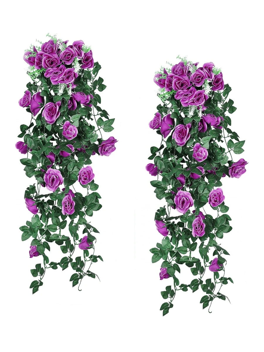 Nejlue Artificial Flowers/Plants1111 Home & Living 1/2支紫色仿真玫瑰藤蔓花,春季玫瑰装饰,悬挂式花卉,适用于家居装饰、房间装饰、墙面装饰、婚礼拱门、卧室、桌面、生日派对、花园、室内外装饰,春夏季节适用。 - 紫色 - 查看 1