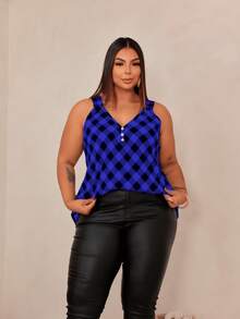 Women's Plus Size Tank Top Duna With Pearl Buttons, Sizes GG G1 To G3 - Royal Blue & Black - View 2