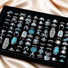 15 buah Cincin Paduan Logam Bertatahkan Batu Turkuois Buatan, Cincin Pasangan Gaya Campuran Bohemian Vintage, Aksesori Jari untuk Pesta & Pemakaian Sehari-hari, Hadiah Perhiasan Fashion, Pengiriman Acak - 15 cincin Bohemian acak - View 3