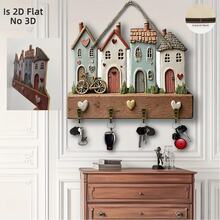 1pc 2D Wooden Multi-Function Key Holder - Key Storage Hook, Featuring "House Heart Bicycle" Pattern, Equipped With Metal Hooks, Suitable For Wall Decor, Porch Decor, Room Decor, Villa Decor And Seasonal Home Decor - Multicolor - View 2