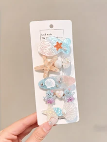 5pcs/Set Juego de pinzas para el cabello con tema oceánico, pinzas para el cabello de mujer con concha azul, estrella de mar, cola de sirena, accesorios para el cabello decorados con perlas lindos adecuados para vacaciones en la playa, pasadores para el cabello - Multicolor - Ver 7