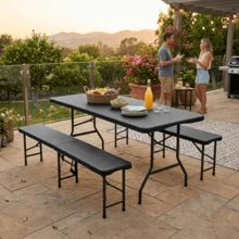 1.8m Folding Picnic Table With 2 Benches, 3 Piece Camping Set, HDPE Tabletop With Tree Print, Safety Lock, UV And Water Resistant, Black. - Black - View 9