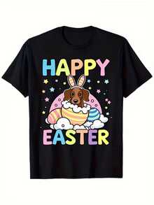 Un adorable perro con orejas de conejo rodeado de huevos de Pascua coloridos y estrellas que representan alegría amistad y renovación camiseta de mujer divertida y moderna para celebrar momentos felices - Negro - Ver 1