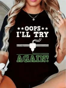 Motivational Phrase With Stars That Expresses A Positive Spirit And Humor When Facing Mistakes, Showing Energy To Try Again. Women's Casual T-Shirt, Modern And Comfortable For Everyday Wear - 黑色 - 查看 1