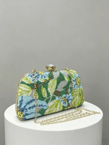 1pc Vintage Blue-Green Floral Beaded Evening Clutch Bag, Gold Frame Hard Case Chain Wallet (Random Cut) - Mint Green - View 2