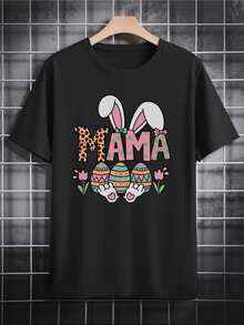 Bunny Ears Embracing The Word "Mom" With A Cheerful Print Of Easter Eggs And Flowers That Evoke Tenderness And Family Love; Comfortable Women's T-Shirt For Everyday Wear - 黑色 - 查看 8