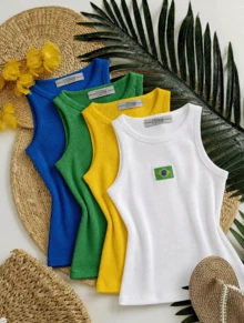 Set Of 4 Tank Tops With Embroidered Brazilian Flag - 白色/黃色/綠色/藍色 - 查看 2