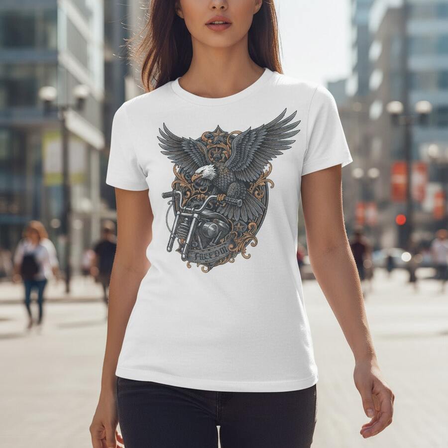Soaring Freedom Engraved Americana Eagle Motorcycle Graphic Tee - 白色 - 查看 1