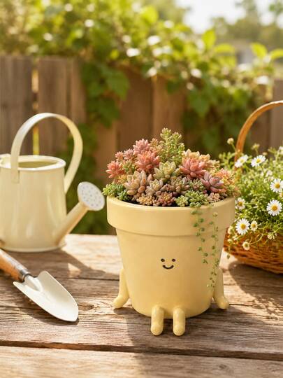 1pc 3.95 Inch Resin Smiling Face Mini Planter, Cute Cartoon Yellow Round Desktop Succulent Pot With Small Arms And Legs, Suitable For Balcony, Garden, Office Decor, Gardening Ornament, Home Decor Gift